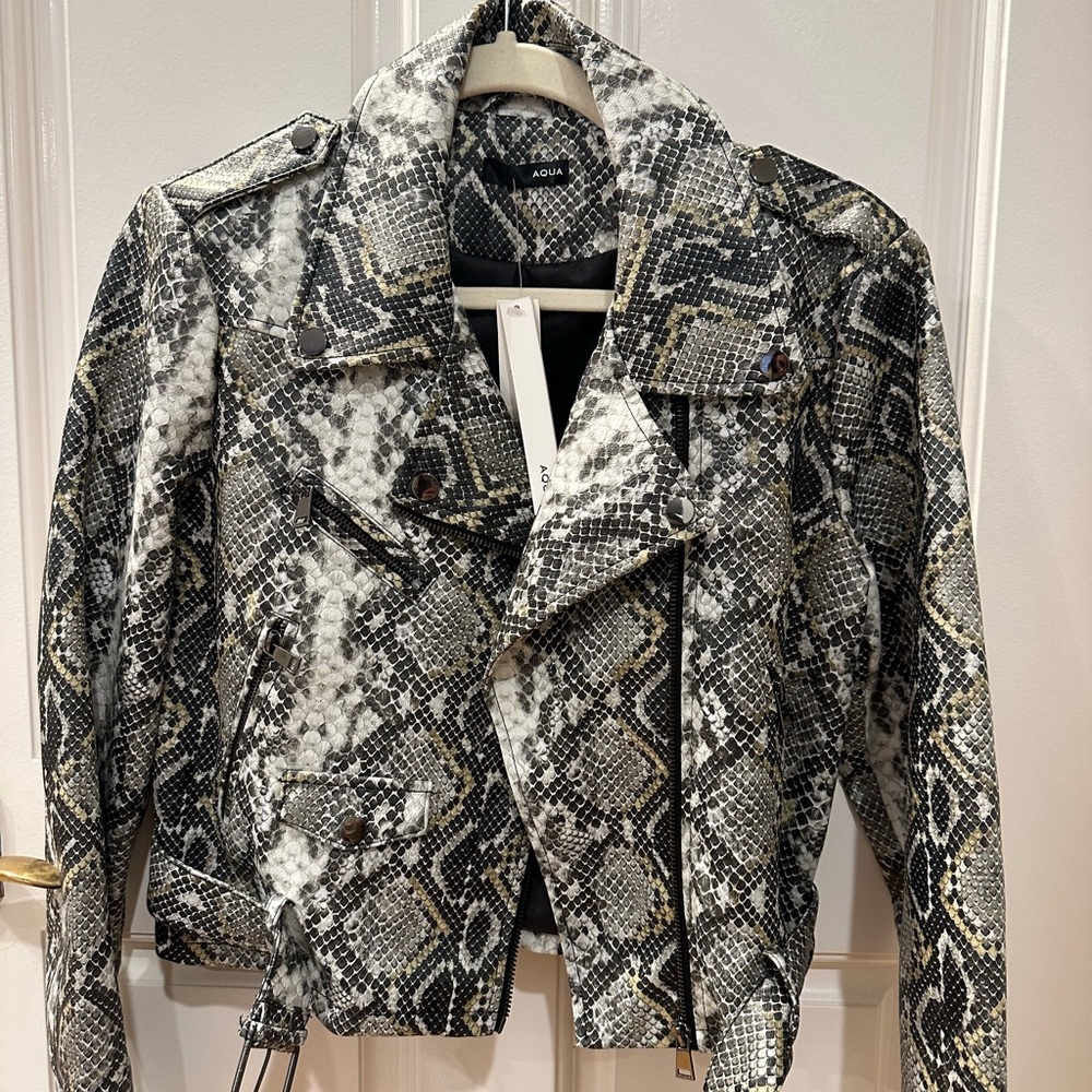 AQUA Snake Print Faux Leather Jacket, Size M, Color White Snake